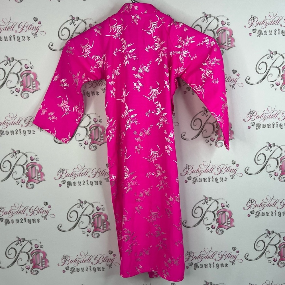 Dress 100% silk Japanese style wrap soft bright neon Pink Floral Kimono Robe - Picture 2 of 10